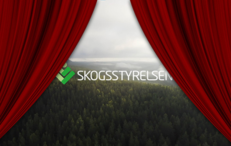 En röd ridå på en biograf dras undan och bakom syns en film från Skogsstyrelsen