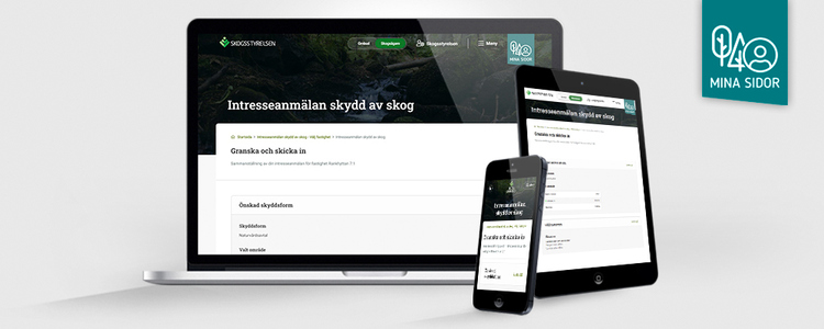 Bilden visar en laptop, en läsplatta och en mobiltelefon med Mina Sidor på respektive skärm.
