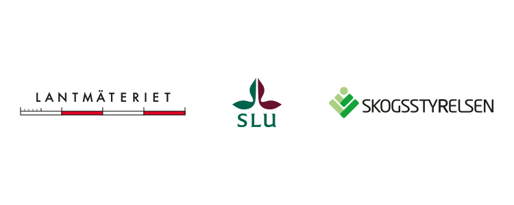 Tre logotyper; Skogsstyrelsen, SLU och Lantmäteriet
