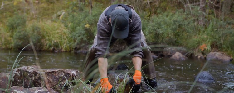 En man flyttar stenar i en mindre å. Foto: Emåförbundet/Daniel film
