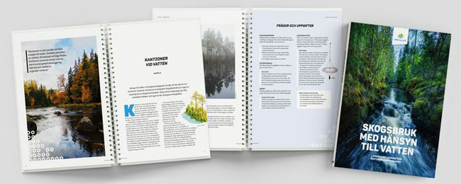 Bild som visar boken "Skogsbruk med hänsyn till vatten". Bild på framsidan som har ett foto av en å i skogen, samt ett uppslag från boken.