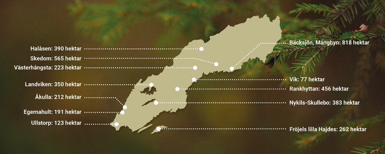 Grafisk bild på Sverige där våra skogsfastigheter finns utplacerade.