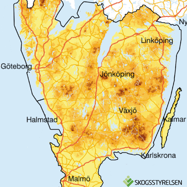 Karta som visar var i Götaland skadorna efter viltbete är som störst