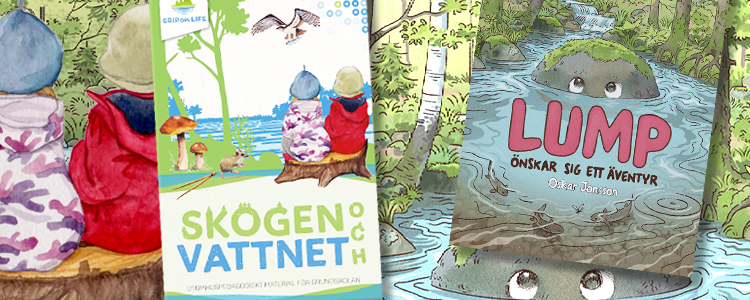 Bokomslag till "Skogen och vattnet" samt "Lump önskar sig ett äventyr"