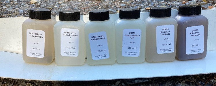 Provtagningsflaskor som används vid uppföljning av hur dikesigenläggning påverkar vatten nedströms. Foto: Carolina Lind