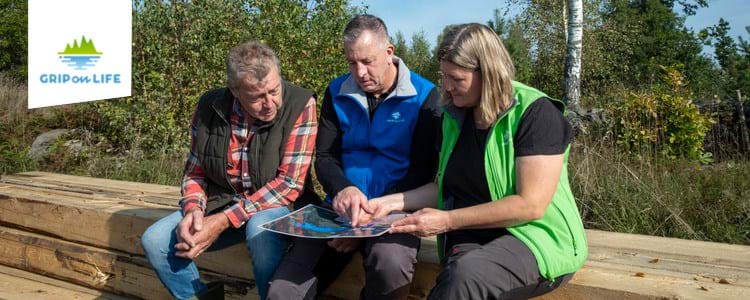 Tre personer sitter på en stapel med trästockar ute i naturen och tittar på en karta tillsammans.