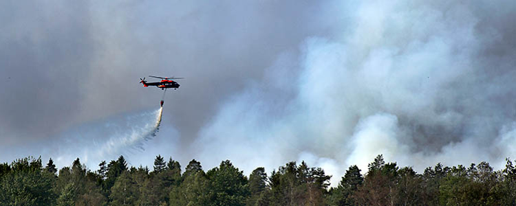 Helikopter släpper vattenbomb över skogsbrand i Västmanland.
