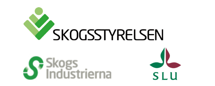 Logotyper för Skogsstyrelsen, Skogsindustrierna och SLU.
