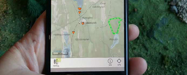 Mobiltelefonskärm som visar webbappen Skogens pärlor.