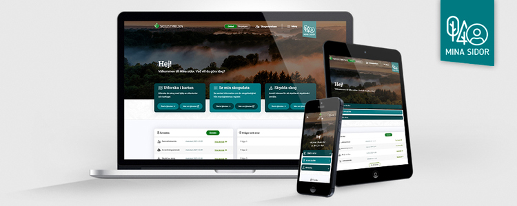 Bilden visar en laptop, en läsplatta och en mobiltelefon med Mina Sidor på respektive skärm.