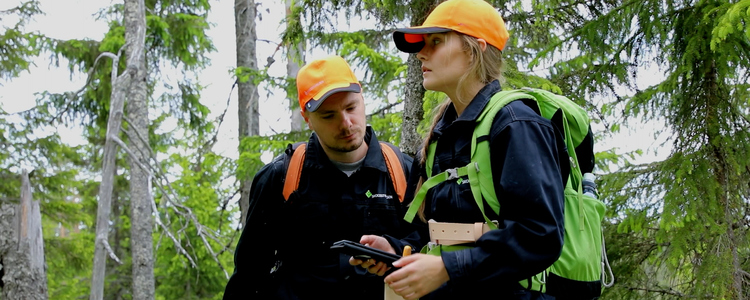 Två studenter, en man och en kvinna, står i skogen och planerar dagens arbete. Foto: Camilla Zilo
